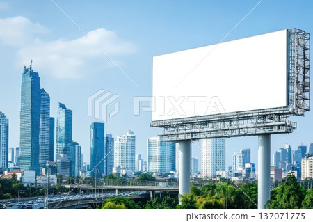 Panoramic View of Empty Clean Advertising Board in Urban Environment with Skyscrapers Panoramic View of Empty Clean Advertising Board in Urban Environment with Skyscrapers 137071775