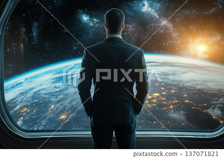 Executive Gazing at Vast Star Field from Space Observation Window Executive Gazing at Vast Star Field from Space Observation Window 137071821