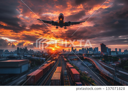 High Resolution Image of an International Transport Airplane Landing at Sunset 137071828