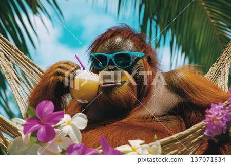 Relaxed Orangutan Lounging in Hammock with Tropical Drink and Flowers 137071834