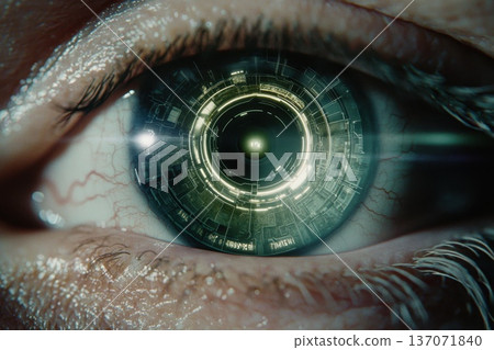 Close-Up of an Eye with Augmented Reality Overlays for Futuristic Concepts Close-Up of an Eye with Augmented Reality Overlays for Futuristic Concepts 137071840