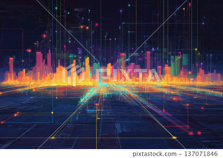 Futuristic City Skyline with Colorful Data Visualization and Bright Neon Lines Futuristic City Skyline with Colorful Data Visualization and Bright Neon Lines 137071846