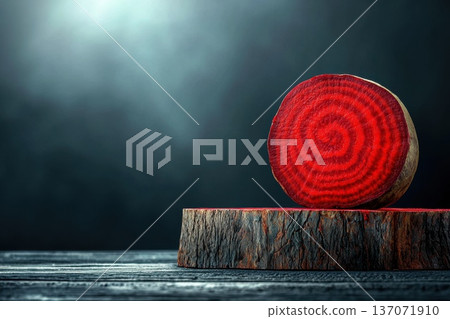 Richly Colored Beetroot Slices Highlighting Mesmerizing Patterns in Wood Richly Colored Beetroot Slices Highlighting Mesmerizing Patterns in Wood 137071910