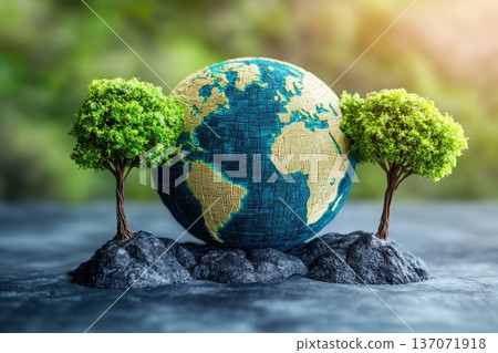 Artistic Representation of a Digital Globe Surrounded by Lush Trees 137071918