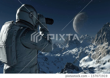 Astronaut Observing Cosmic Phenomena Through Telescope on Distant Planet Surrounded by Mountains 137071919