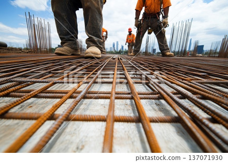 Active Construction Site with Workers and Rebar on a Wide-Angle Perspective Active Construction Site with Workers and Rebar on a Wide-Angle Perspective 137071930