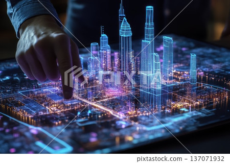 Futuristic Cityscape with Digital Interface for Urban Planning and Development Visualization Futuristic Cityscape with Digital Interface for Urban Planning and Development Visualization 137071932