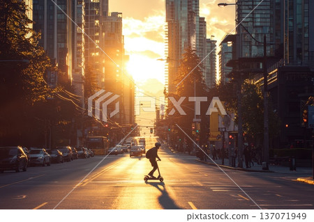 Sunset Ride of a Person on an Electric Scooter in a City Setting 137071949