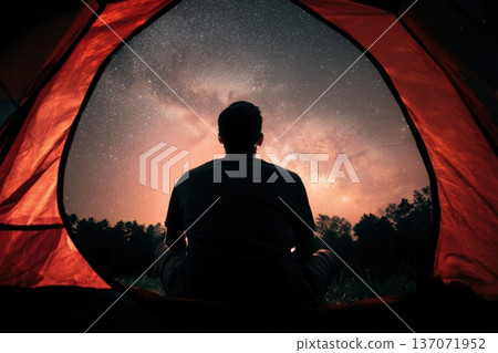 Low Angle Shot of Camper Sitting by Their Tent Under a Starry Sky at Night 137071952