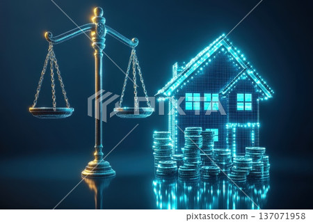 Futuristic 3D Render of Smart Home Concept with Scales and Coins in Digital Style Futuristic 3D Render of Smart Home Concept with Scales and Coins in Digital Style 137071958
