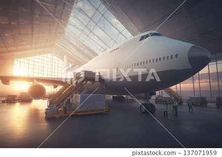 Massive Cargo Airplane in a Photorealistic Airport Hangar at Sunrise 137071959