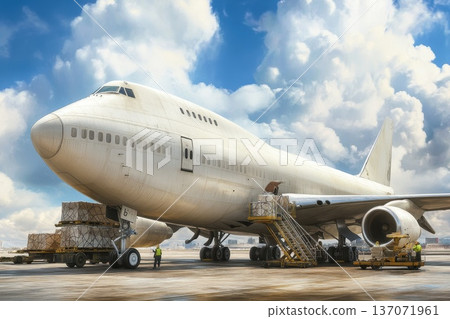Massive Cargo Airplane on Tarmac with Loading Equipment and Personnel in Clear Sky Massive Cargo Airplane on Tarmac with Loading Equipment and Personnel in Clear Sky 137071961