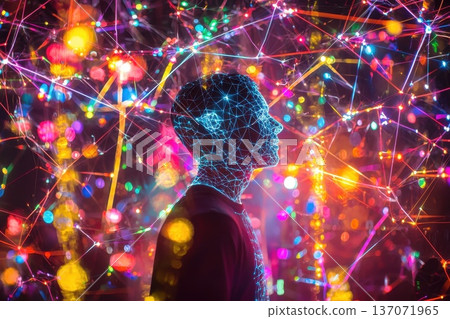 Abstract Visualization of Human Profile with Neon Lights and Mesh Pattern Representing Connectivity 137071965