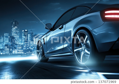 High-Speed Car Racing on Urban Expressway at Night with City Lights in the Background High-Speed Car Racing on Urban Expressway at Night with City Lights in the Background 137071969