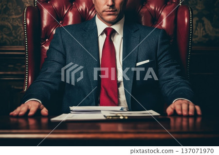 Luxurious Office Setting with Investor Reviewing Documents in Elegant Environment Luxurious Office Setting with Investor Reviewing Documents in Elegant Environment 137071970