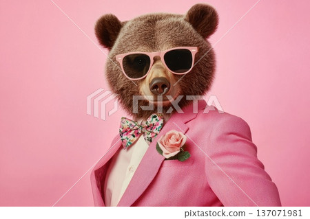 Dapper Bear in Pastel Pink Suit with Sunglasses and Floral Bow Tie in Summer Vibe Dapper Bear in Pastel Pink Suit with Sunglasses and Floral Bow Tie in Summer Vibe 137071981