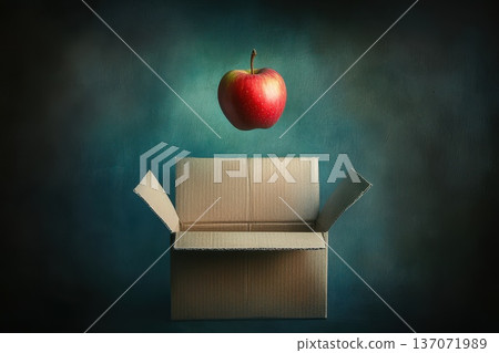 Single Vibrant Red Apple Levitates Gracefully Above Open Cardboard Box Against Dark Background 137071989