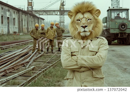 Serious Lion in Construction Uniform Overseeing Workers at Industrial Site Serious Lion in Construction Uniform Overseeing Workers at Industrial Site 137072042