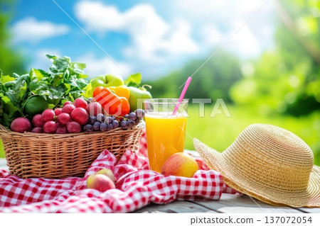 Serene Morning Picnic Scene with Fresh Fruits and Refreshing Drink on a Table Serene Morning Picnic Scene with Fresh Fruits and Refreshing Drink on a Table 137072054