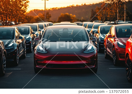 Futuristic Concept of an Electric Vehicle Parking Lot at Sunset in a Modern Urban Setting 137072055