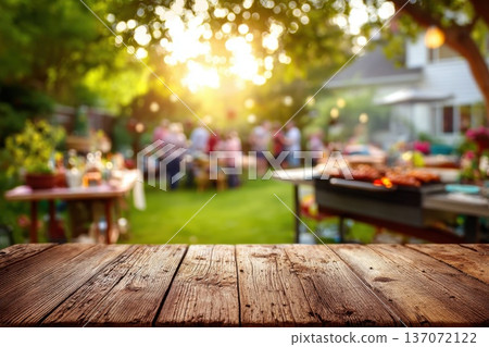 Rustic Wooden Table in the Foreground of a Vibrant Outdoor Gathering during Golden Hour Rustic Wooden Table in the Foreground of a Vibrant Outdoor Gathering during Golden Hour 137072122