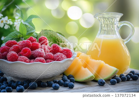 Beautifully Arranged Breakfast Setting with Fresh Fruits and Juice in Natural Light Beautifully Arranged Breakfast Setting with Fresh Fruits and Juice in Natural Light 137072134