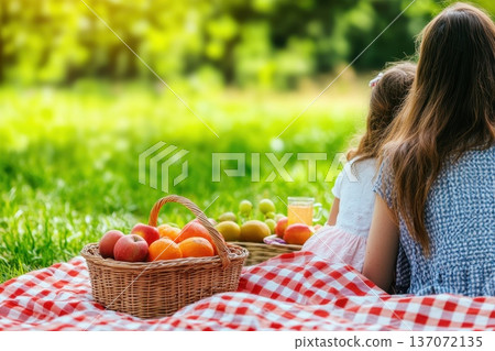 Mother and Daughter Enjoying a Picnic Together on a Vibrant Green Grass Field Mother and Daughter Enjoying a Picnic Together on a Vibrant Green Grass Field 137072135