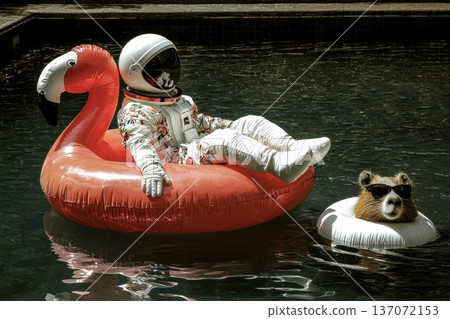 Relaxed Astronaut in Hawaiian Shirt Sitting on Flamingo Float in Pool Relaxed Astronaut in Hawaiian Shirt Sitting on Flamingo Float in Pool 137072153