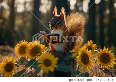 Cheerful Squirrel Reading a Book Surrounded by Sunflowers on a Scenic Wooden Fence Cheerful Squirrel Reading a Book Surrounded by Sunflowers on a Scenic Wooden Fence 137072193