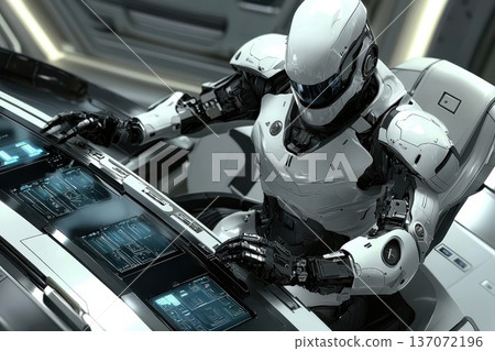 Hyper-Realistic Humanoid Robot Engaged in Futuristic Control Panel Operations Hyper-Realistic Humanoid Robot Engaged in Futuristic Control Panel Operations 137072196