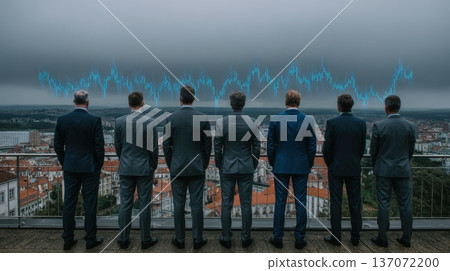 Corporate Team in Suits on Rooftop Terrace Overlooking City with Digital Graphs in Background Corporate Team in Suits on Rooftop Terrace Overlooking City with Digital Graphs in Background 137072200