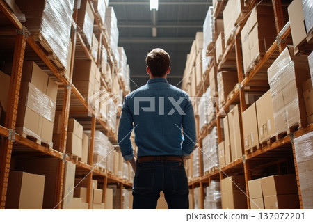 Man Standing in Warehouse, Observing Stock Shelves from Back View, Indoor Environment Man Standing in Warehouse, Observing Stock Shelves from Back View, Indoor Environment 137072201