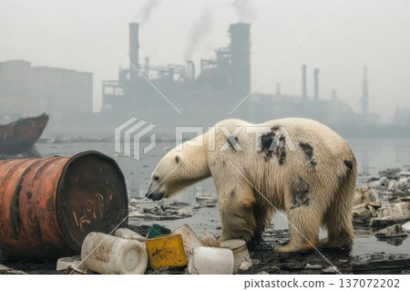 Emaciated Polar Bear Searching Through Trash in Industrial Landscape Emaciated Polar Bear Searching Through Trash in Industrial Landscape 137072202