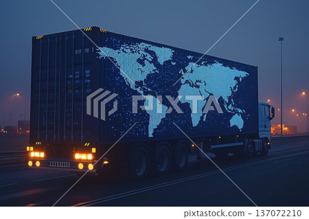 Container Truck in Motion on Highway with Illuminated World Map Design at Night Container Truck in Motion on Highway with Illuminated World Map Design at Night 137072210