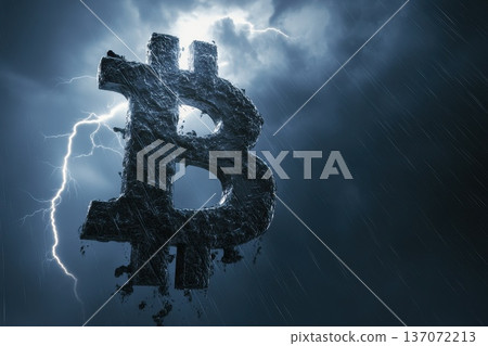 Dramatic Stormy Sky with Lightning and a Giant Bitcoin Symbol in the Background Dramatic Stormy Sky with Lightning and a Giant Bitcoin Symbol in the Background 137072213