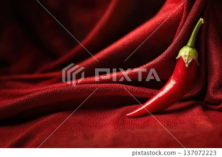 Close-Up of a Single Red Chili Pepper Against a Rich Textured Red Background 137072223