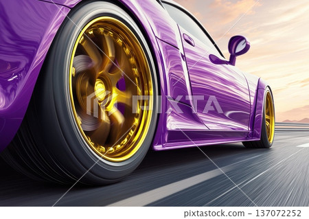Vibrant Street Racer Blasting Down Open Highway at Sunset with Dynamic Colors Vibrant Street Racer Blasting Down Open Highway at Sunset with Dynamic Colors 137072252