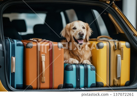 Happy Dog Sitting Among Colorful Luggage in Modern SUV Trunk Ready for Adventure Happy Dog Sitting Among Colorful Luggage in Modern SUV Trunk Ready for Adventure 137072261