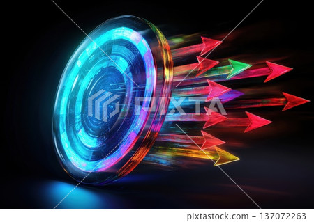 Futuristic Circular Disc with Colorful Arrows in Motion, Dynamic Abstract Background Design Futuristic Circular Disc with Colorful Arrows in Motion, Dynamic Abstract Background Design 137072263