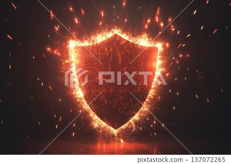 Glowing Shield with Fire Sparks on Dark Background for Protection Concept in Digital Design 137072265