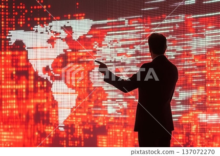 Visionary CEO Delivering Keynote Presentation with Digital World Map Background Visionary CEO Delivering Keynote Presentation with Digital World Map Background 137072270