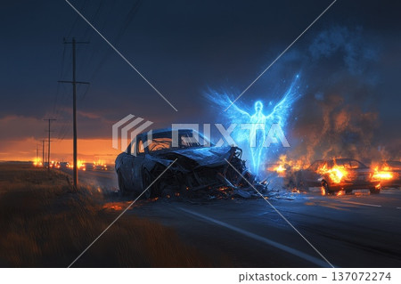 Ethereal Angelic Figure Descends in Soft Glow Over Wreckage on Abandoned Roadway Ethereal Angelic Figure Descends in Soft Glow Over Wreckage on Abandoned Roadway 137072274