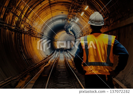 Worker in Reflective Vest Inside Tunnel Overseeing Construction Process 137072282