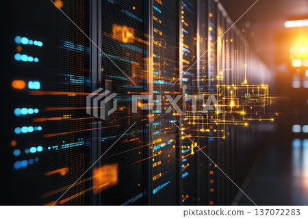Conceptual Futuristic AI Server Farm with Floating Data Visualizations and Technology Conceptual Futuristic AI Server Farm with Floating Data Visualizations and Technology 137072283