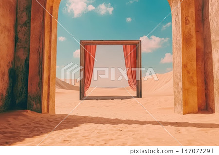 Massive Empty Billboard Framed by Archways in Vast Desert Landscape 137072291