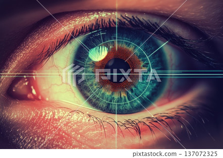 Close-up of a futuristic scanning retinal eye with intricate details and vibrant colors Close-up of a futuristic scanning retinal eye with intricate details and vibrant colors 137072325