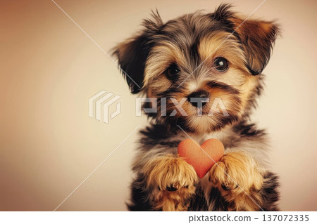 Adorable Puppy Holding Heart-Shaped Toy in Heartwarming Portrait of Love and Affection 137072335