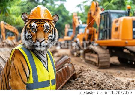 Confident Tiger Wearing Reflective Vest and Helmet in Construction Site Environment 137072350