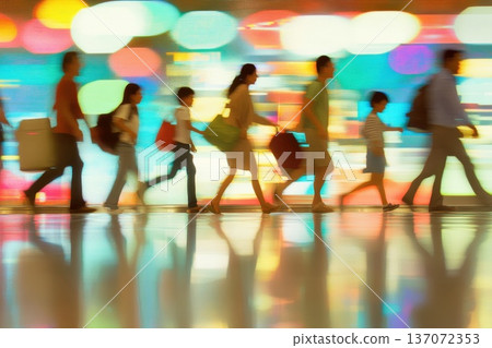 Excited Family Boarding Airplane at Airport, Colorful Background, Silhouetted Emotion Excited Family Boarding Airplane at Airport, Colorful Background, Silhouetted Emotion 137072353