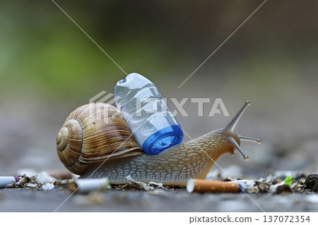 Snail Struggling with Crushed Plastic Bottle on Urban Ground Surrounded by Debris 137072354
